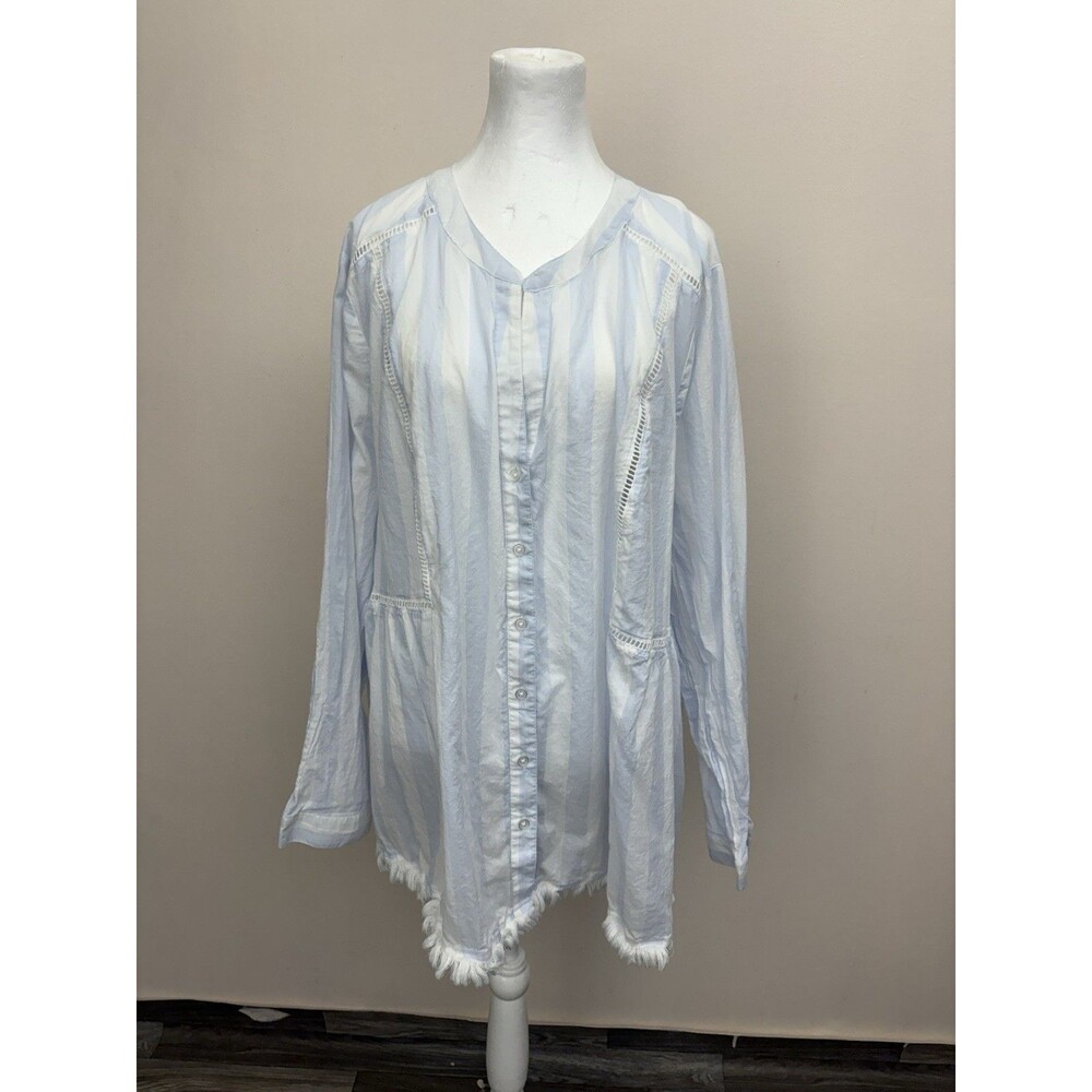 Lane Bryant Women’s Peasant Boho Top  Blue Stripe Button Up Fringes 26 Cotton